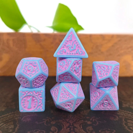 Mystic Swirl Polyhedral Dice Set (7pcs) – Purple & Pink